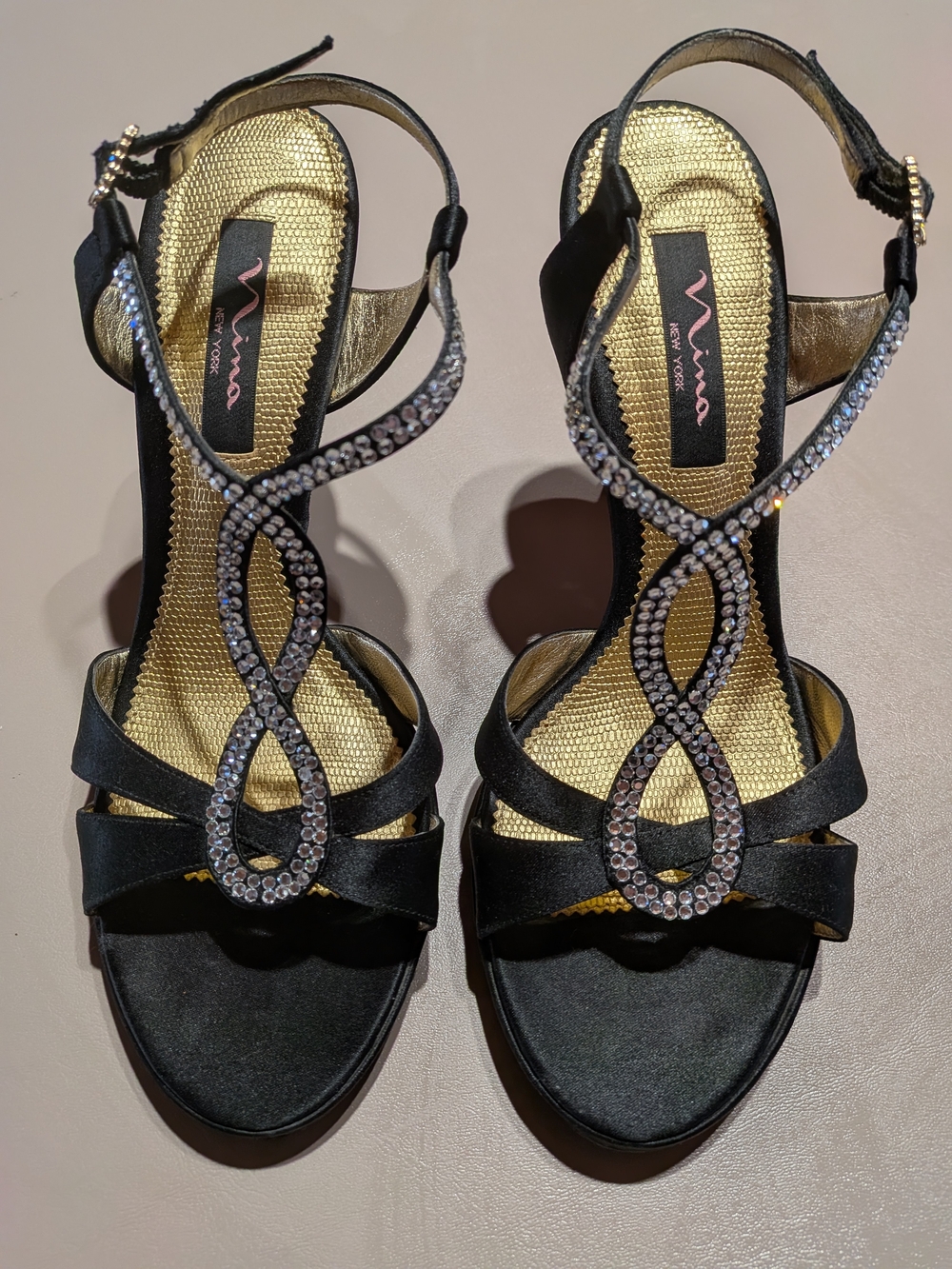 Nina Grayson Black Satin Heels with Crystal Infinity Straps and Gold Insole